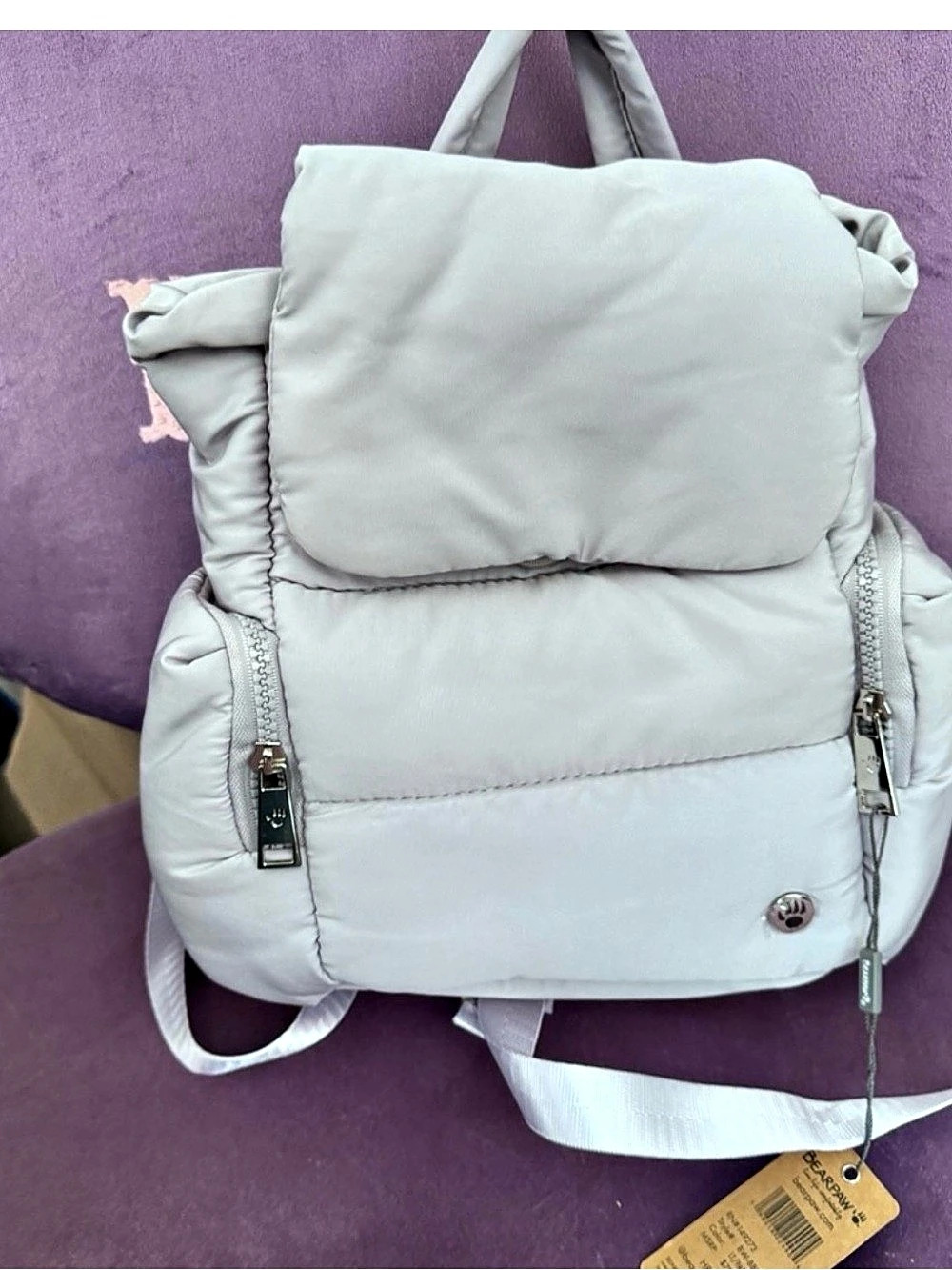 Bearpaw Puffy Quilted Top Open Backpack White NWT
